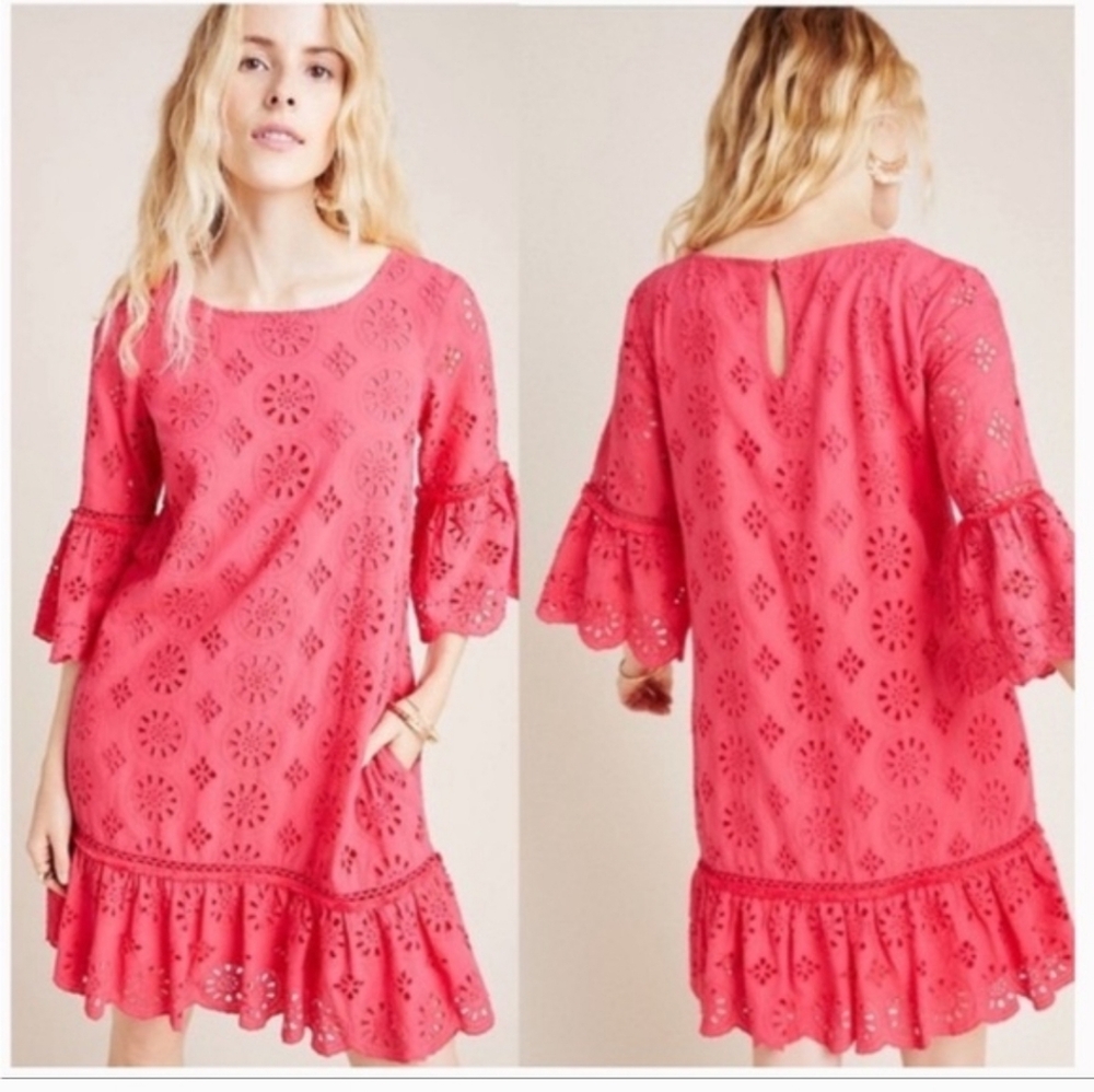 Anthropologie Dani Pink Eyelet Mini Tassle Tunic‎ Silhouette Dress Beaded 4